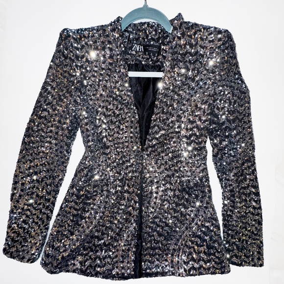 Zara Black Silver Gunmetal Metallic Sequin Blazer Size S Trinny Woodall - Picture 4 of 13